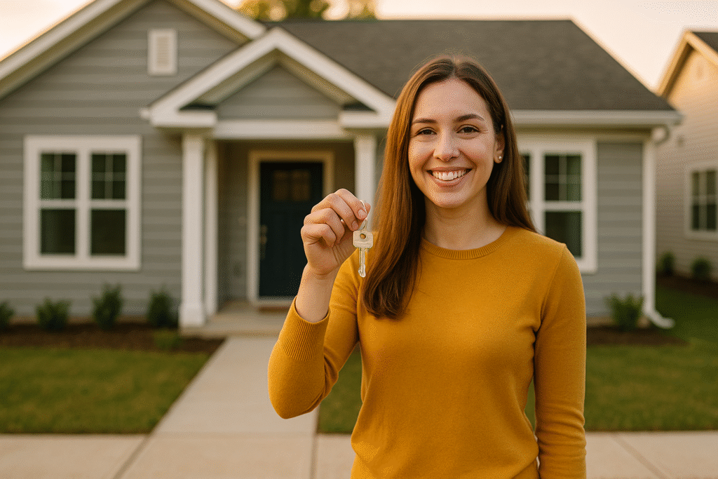 Young adult in mid-twenties celebrating successful first home purchase holding keys in front of starter home