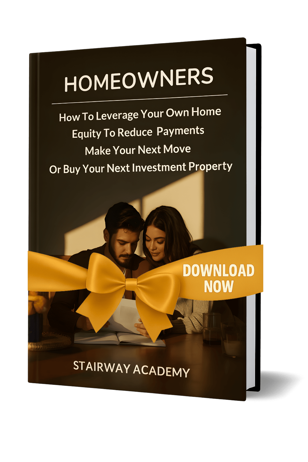 mockup of book titled Homeowners Guide with gold ribbon and download now label on dark background