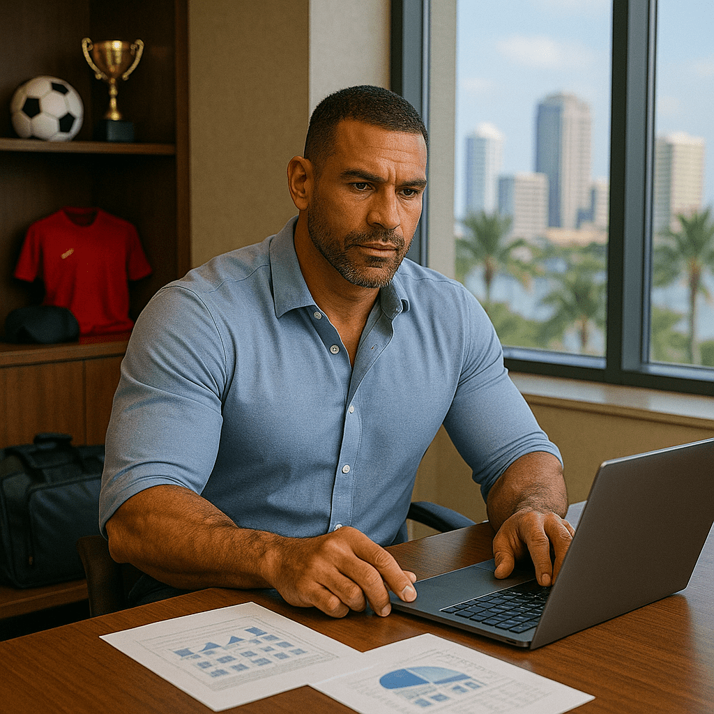 focused businessman analyzing real estate investment charts on laptop in modern office with city skyline in background