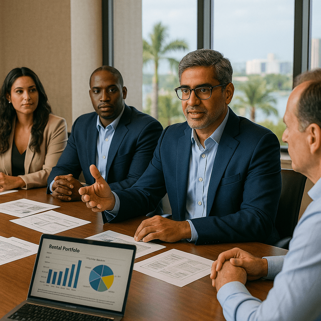 diverse business team in formal meeting discussing real estate investment reports with charts and graphs on the table