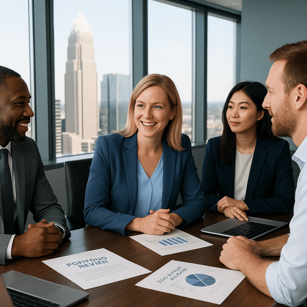 diverse team of financial professionals discussing home equity and rental property investment plans in modern high-rise office