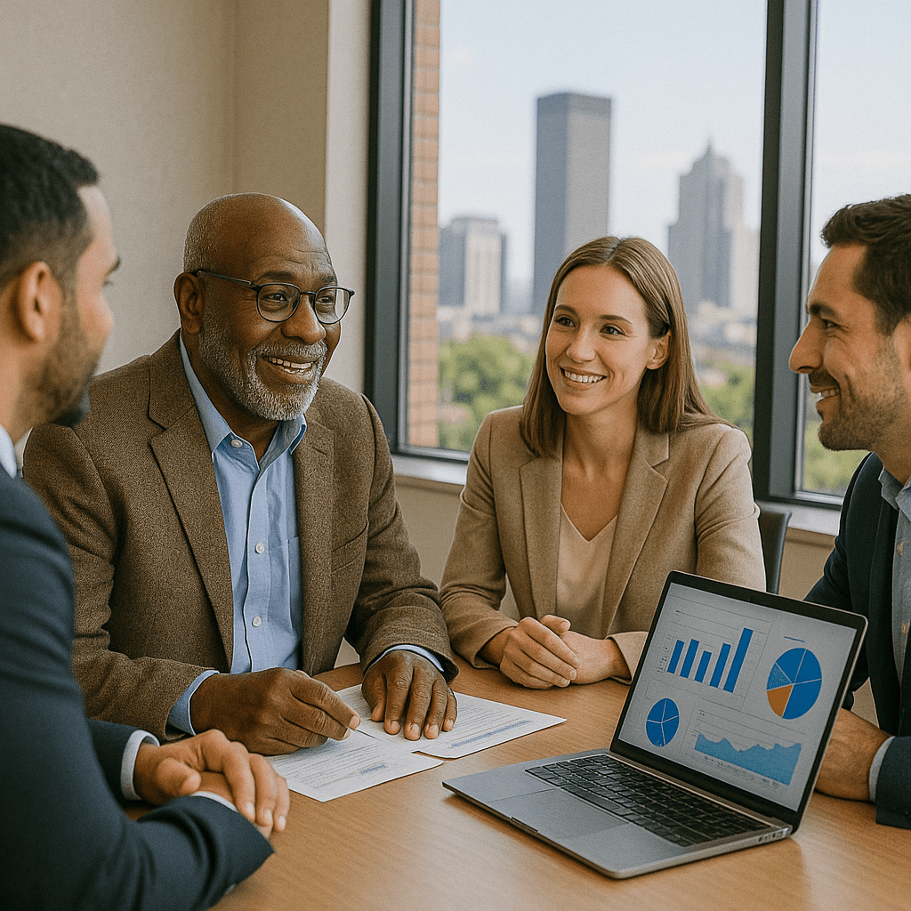 smiling retired man meeting with financial advisors in modern office reviewing reverse mortgage income charts on laptop