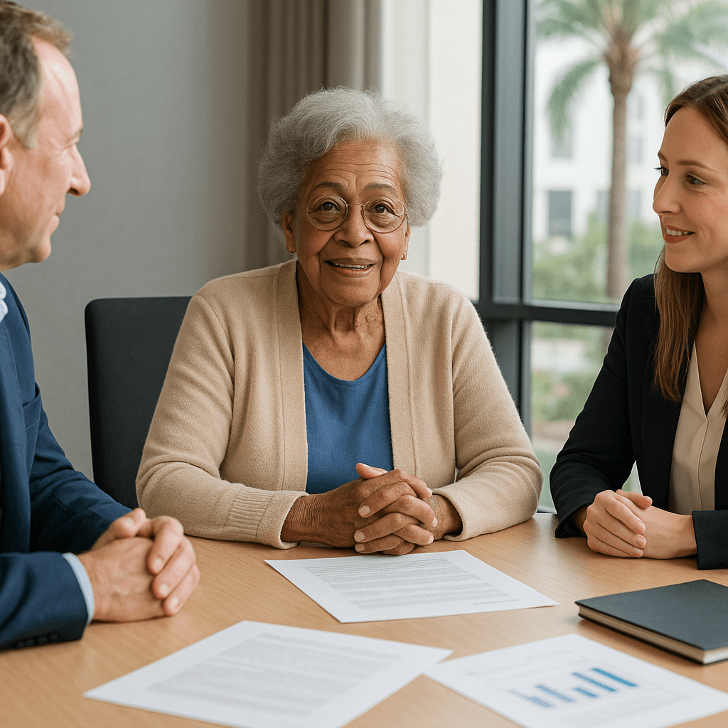 smiling retired woman meeting with financial advisors to discuss reverse mortgage options for new retirement home purchase