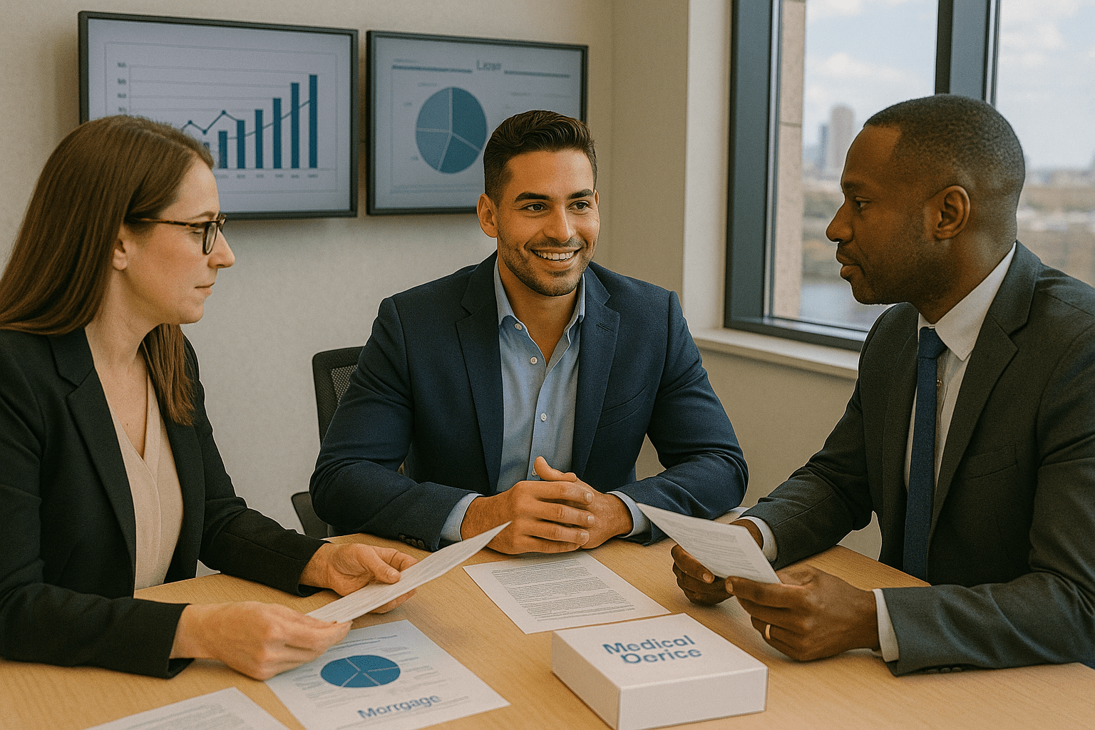 three business professionals discussing mortgage and medical device loan documents in office meeting with charts on wall