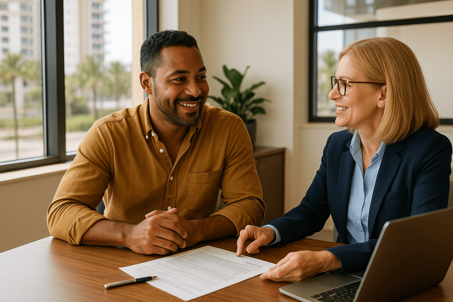 businessman smiling while discussing loan documents with female advisor in modern office setting