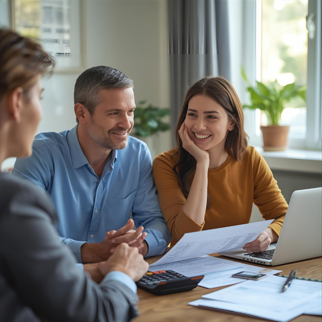 Homeowner couple reviewing PMI elimination options with mortgage advisor at home