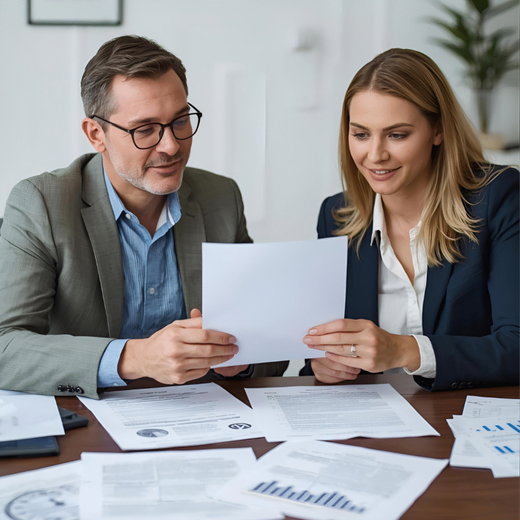 Homeowners consulting with financial advisor about cash-out refinance versus HELOC options at kitchen table