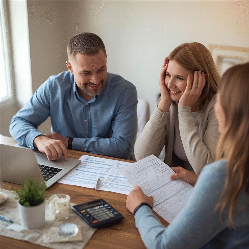 Homeowner couple reviewing refinance scenarios with mortgage advisor at dining table