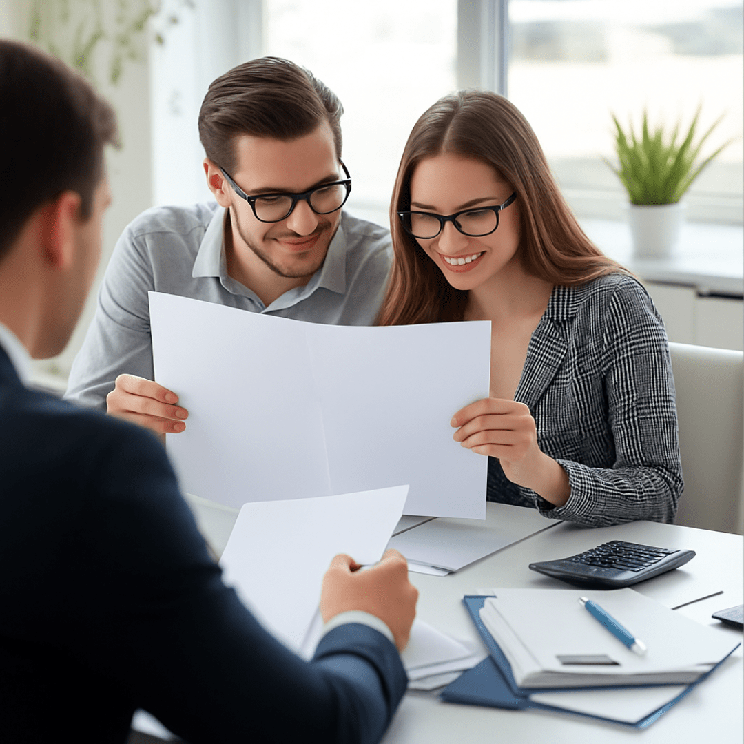 Homeowner couple discussing debt consolidation refinance solution with mortgage advisor