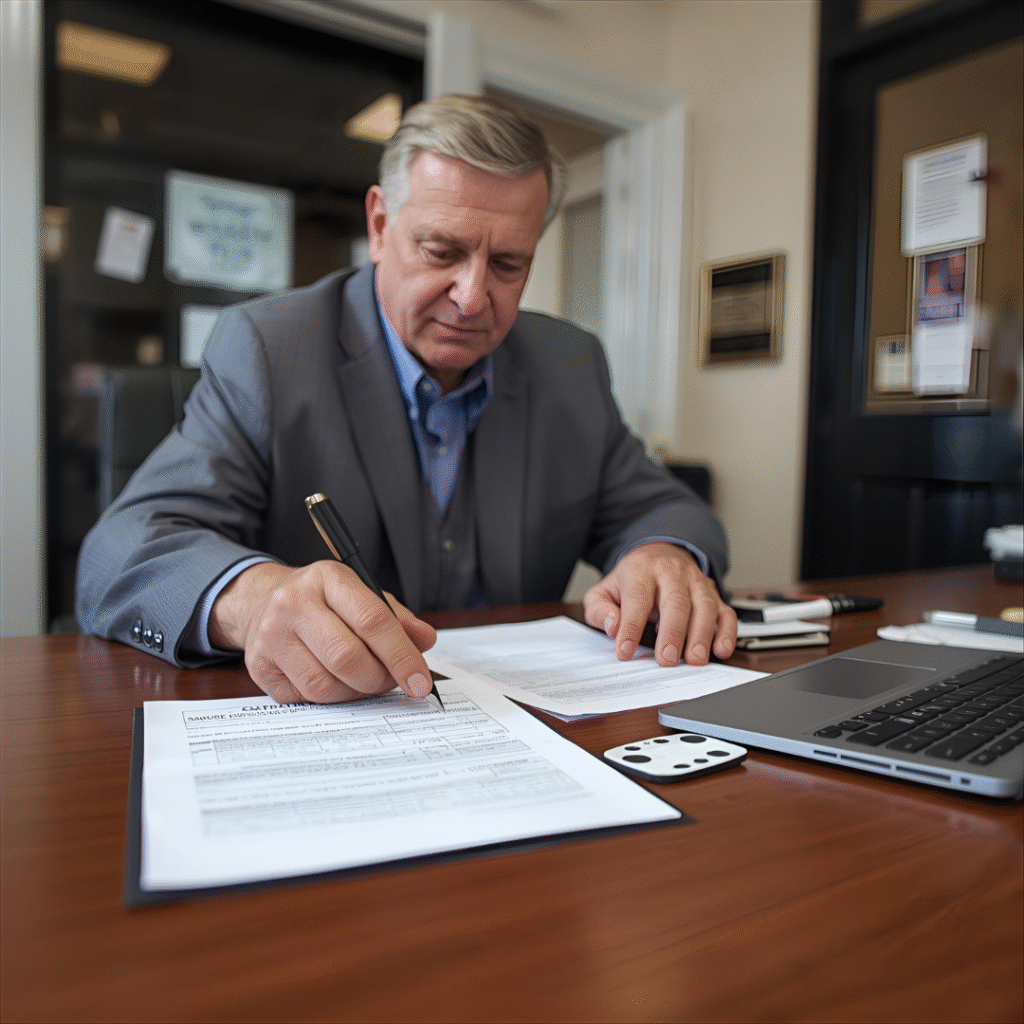 Senior applying for property tax exemption at county assessor office with assistance