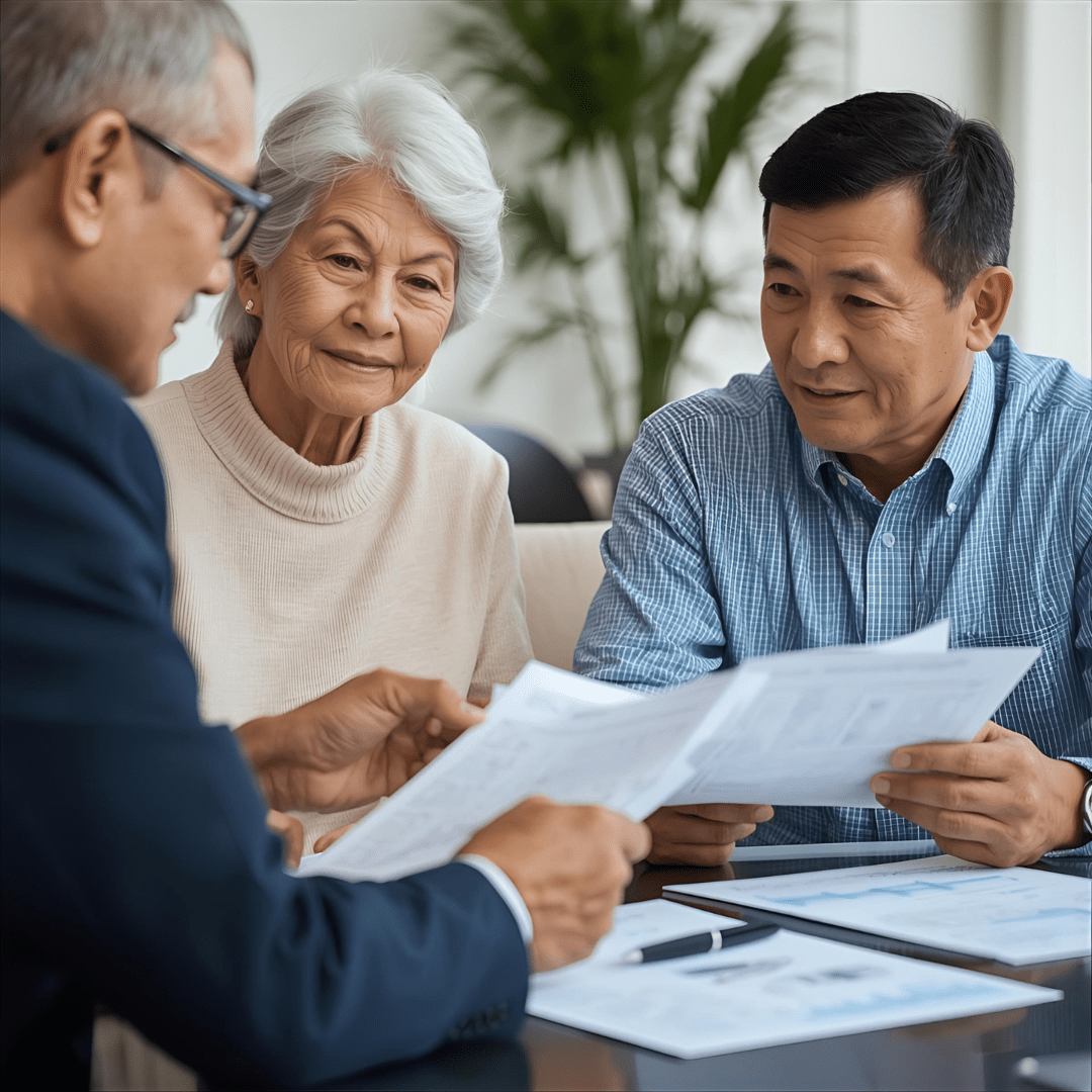Senior couple planning long-term care financing using home equity with financial advisor