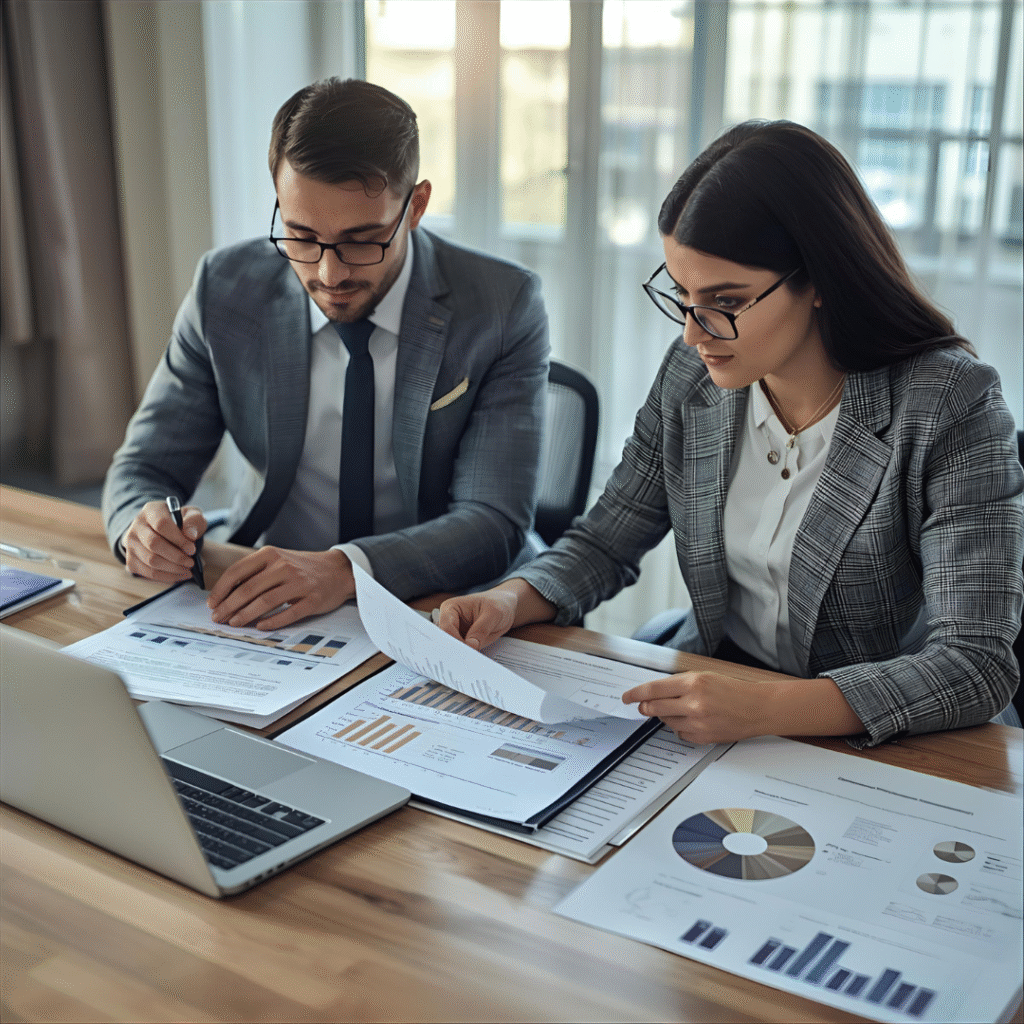 Active investors reviewing partnering in real estate discussion documents with financial analysis showing partnership profit split structure and property acquisition strategy