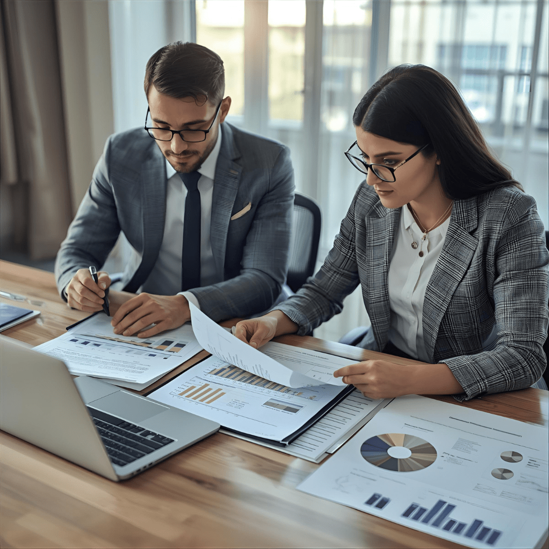 Active investors reviewing partnering in real estate discussion documents with financial analysis showing partnership profit split structure and property acquisition strategy