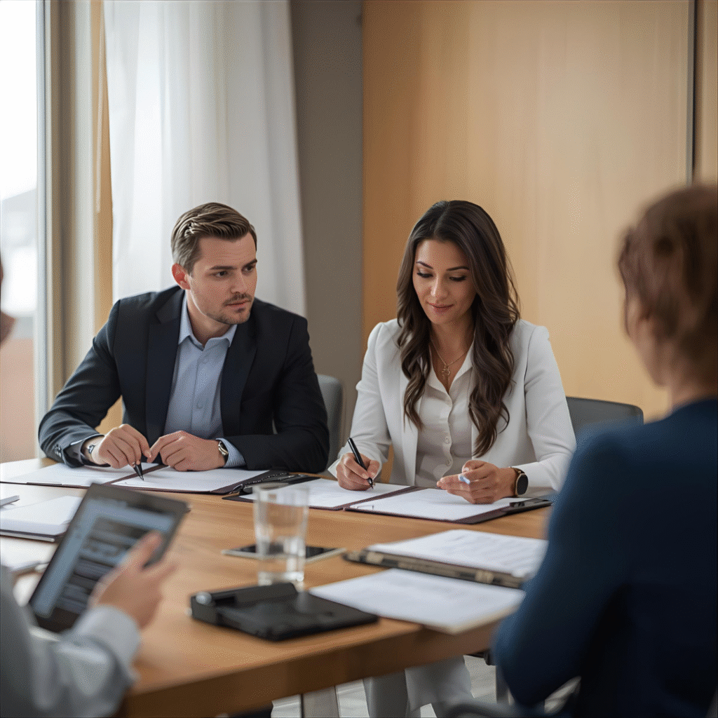 Professional home buyers reviewing closing on a house documents with mortgage broker during real estate closing process
