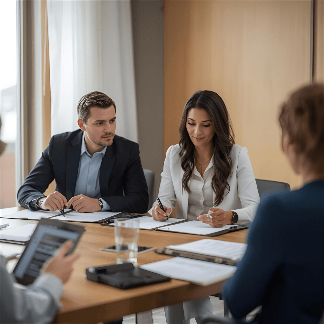 Professional home buyers reviewing closing on a house documents with mortgage broker during real estate closing process