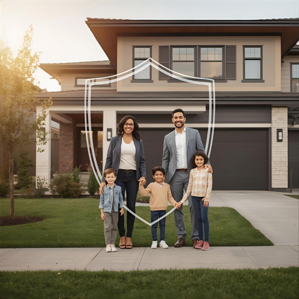 Professional diverse family of four standing confidently in front of their modern suburban home with a shield icon overlay symbolizing protection, warm afternoon lighting, parents holding hands with two children, well-maintained landscaping, sense of security and family stability