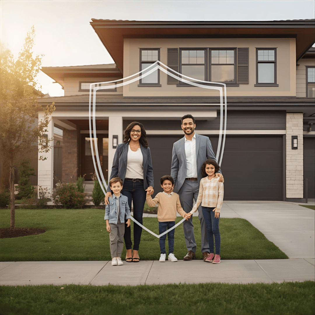 Professional diverse family of four standing confidently in front of their modern suburban home with a shield icon overlay symbolizing protection, warm afternoon lighting, parents holding hands with two children, well-maintained landscaping, sense of security and family stability