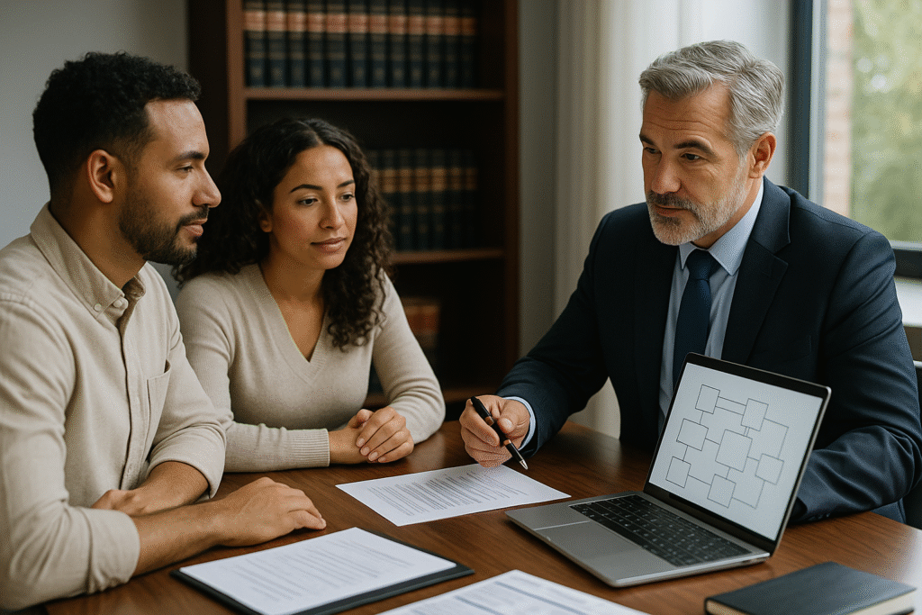 Lawyers for estates and wills consultation meeting showing attorney explaining estate planning documents to couple
