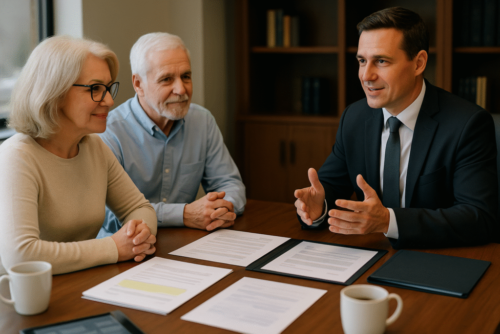 Couple learning advantages of a living trust from estate planning attorney during comprehensive planning consultation
