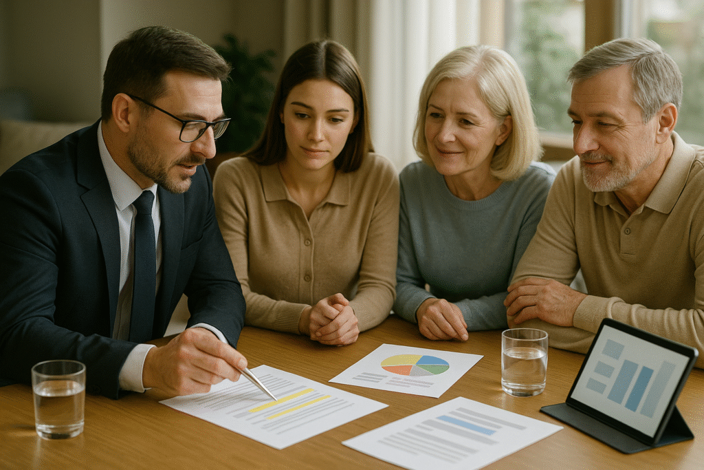 Family learning how to transfer life insurance into a trust for estate tax savings during wealth planning consultation