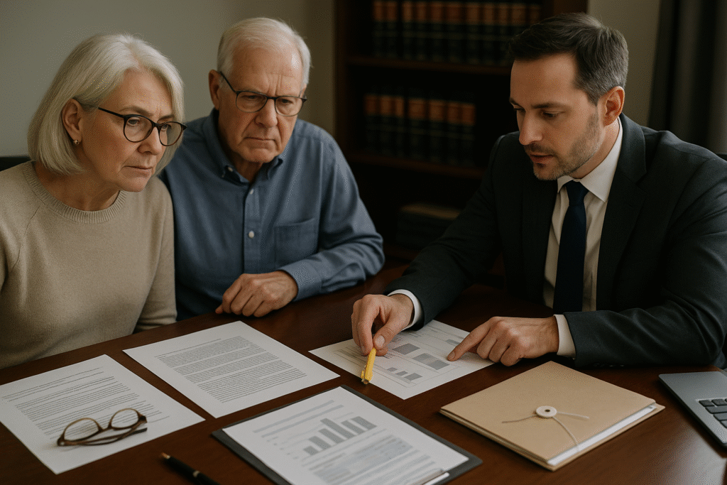 Senior couple consulting estate planning attorney about family limited partnership formation and implementation for multi-generational wealth transfer