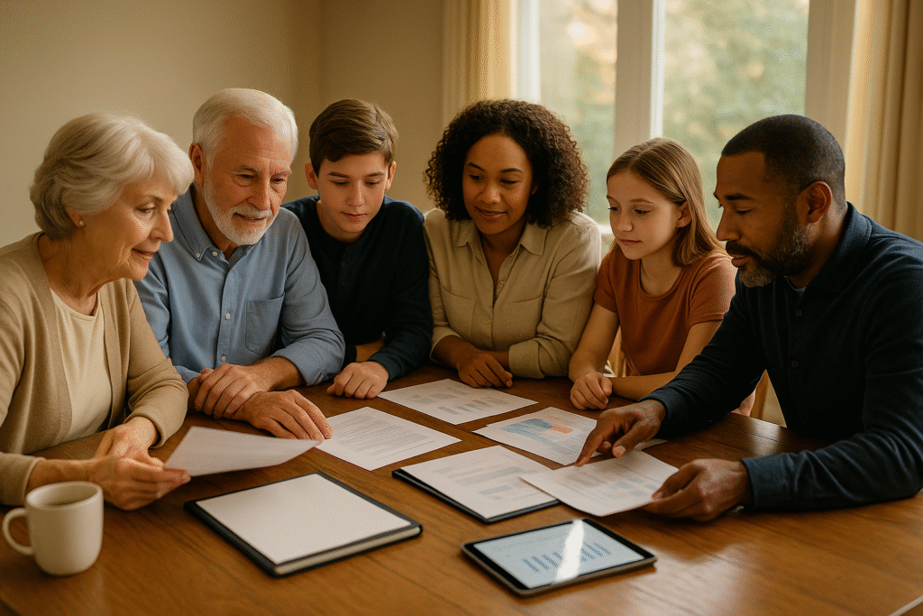 Family engaging in legacy planning discussions across multiple generations with comprehensive wealth transfer documents