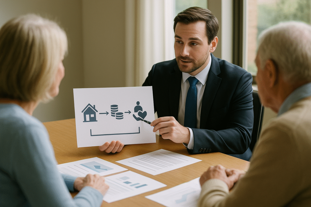 Advisor presenting charitable remainder annuity trust benefits illustrating lifetime income and triple tax advantages for appreciated real estate