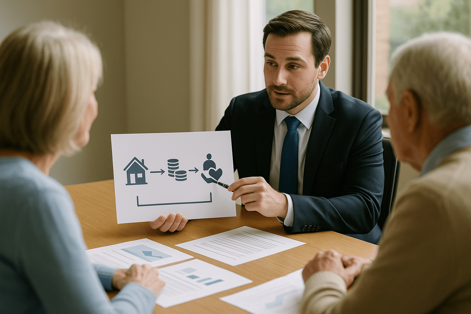 Advisor presenting charitable remainder annuity trust benefits illustrating lifetime income and triple tax advantages for appreciated real estate