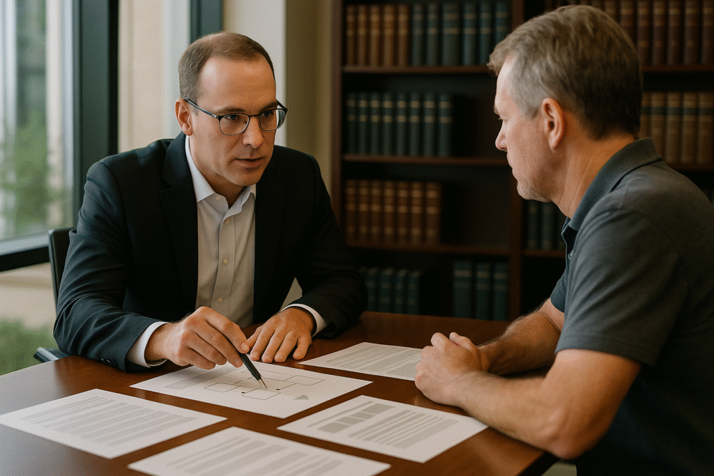 Irrevocable asset protection trust consultation showing attorney explaining creditor protection strategies to business owner client