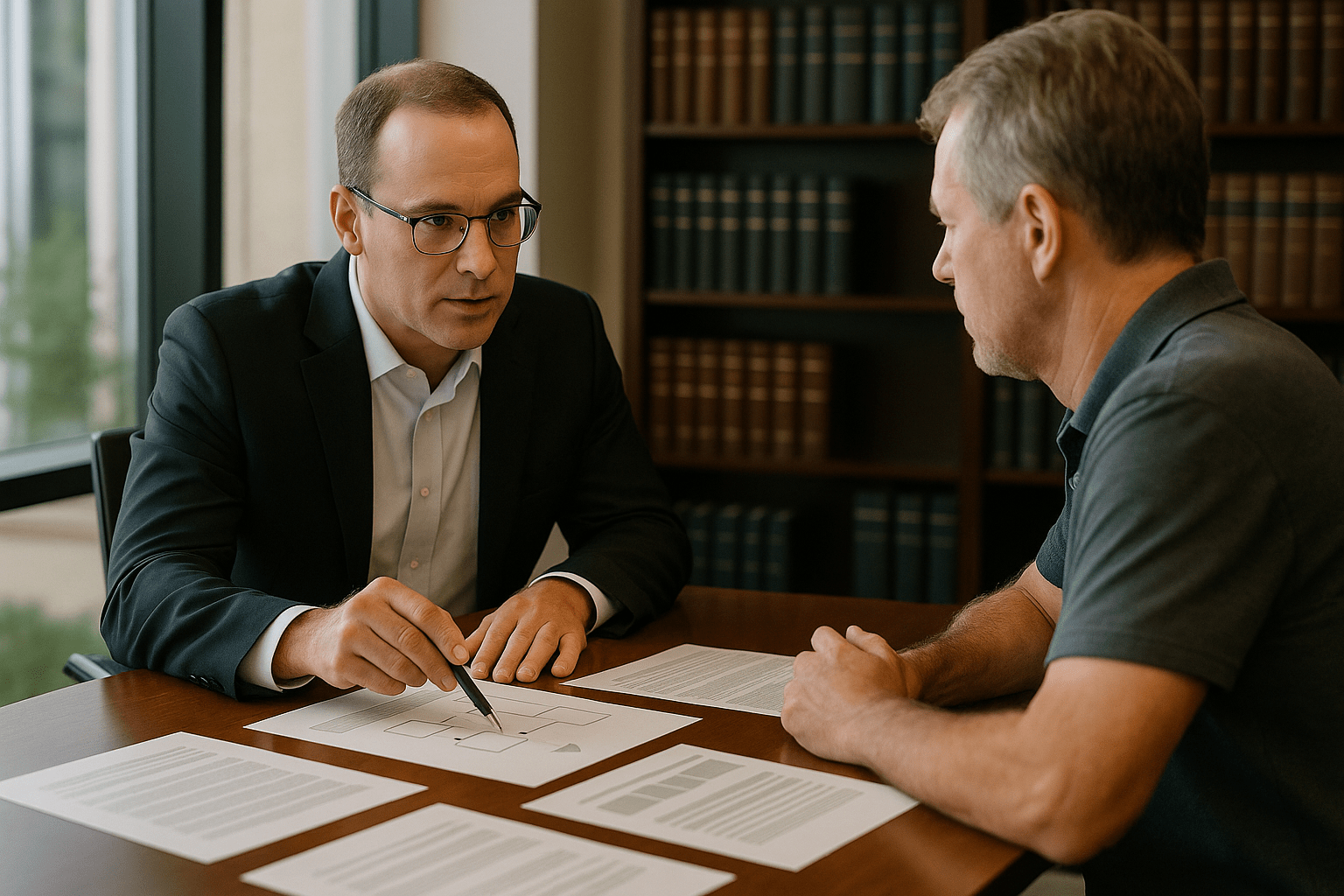 Irrevocable asset protection trust consultation showing attorney explaining creditor protection strategies to business owner client