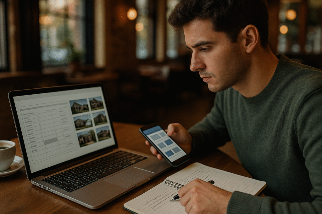 First-time investor researching investment properties on laptop with tracking spreadsheet and notes at coffee shop