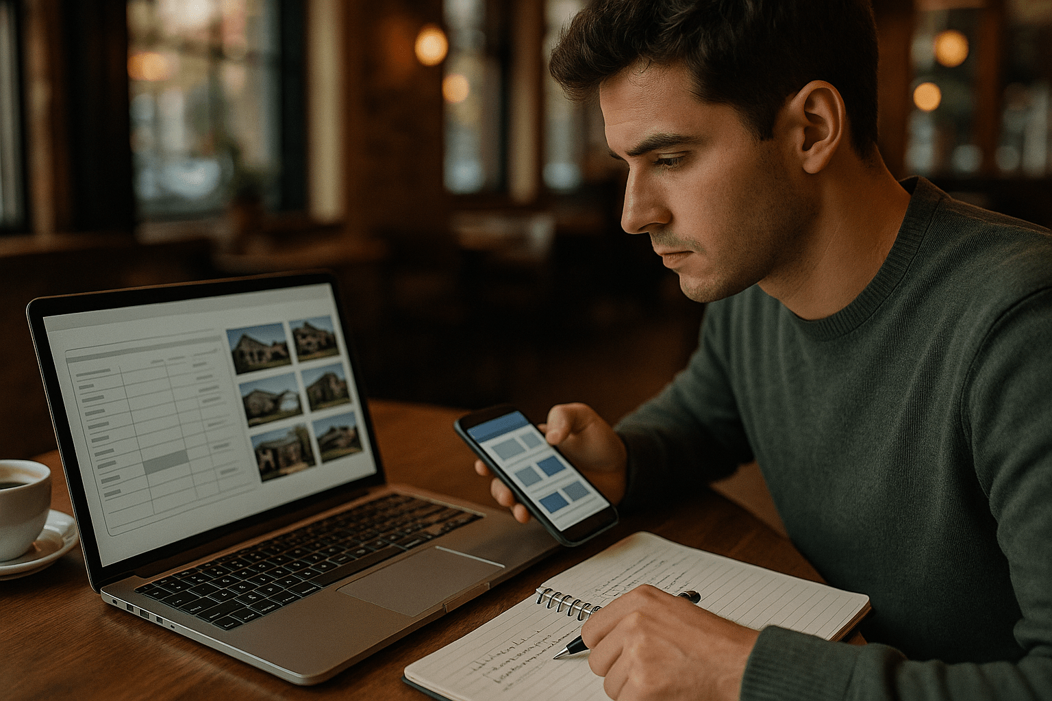 First-time investor researching investment properties on laptop with tracking spreadsheet and notes at coffee shop