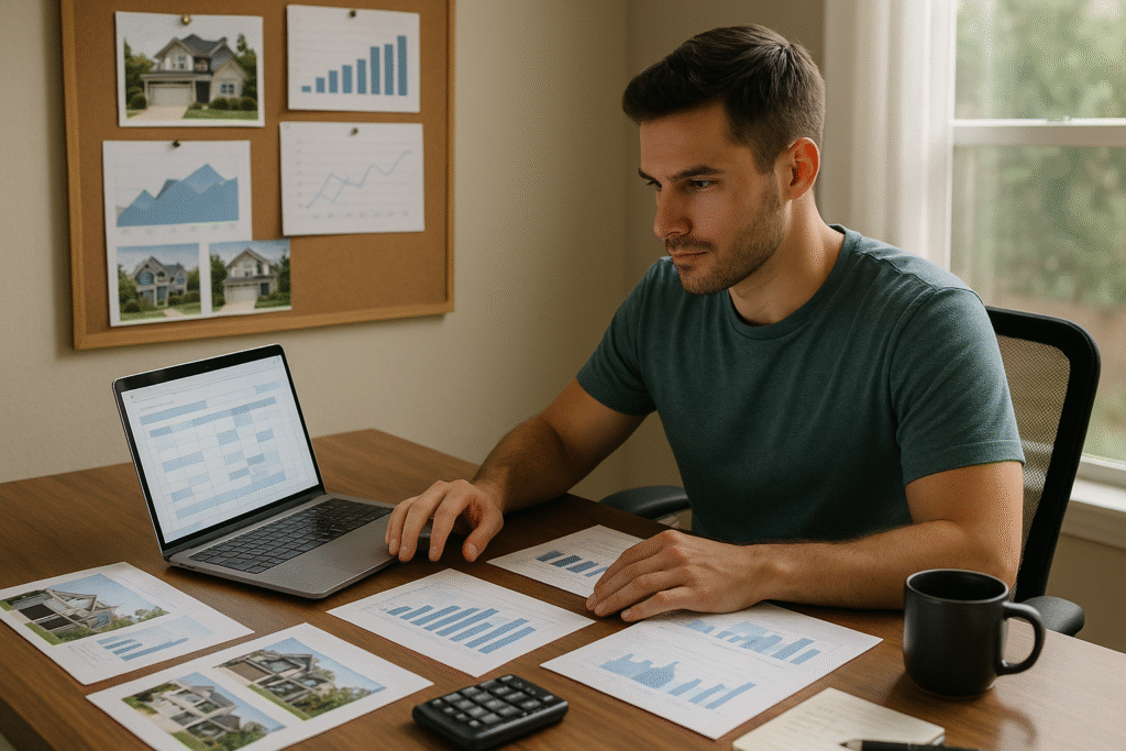 First-time investor creating detailed business plan for investing in real estate with financial projections and property analysis