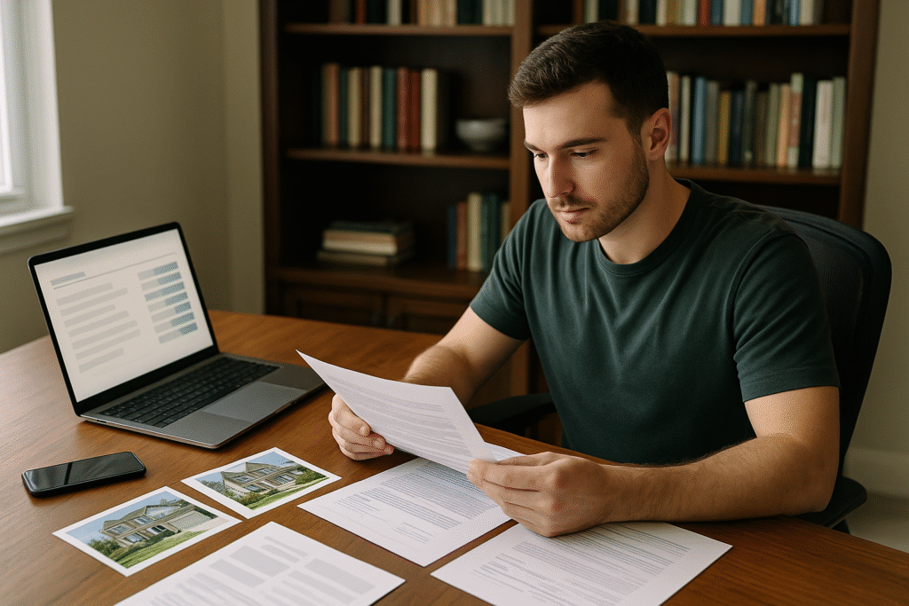 Real estate investor reviewing landlord insurance for rental property discussion with insurance agent before purchasing first investment property