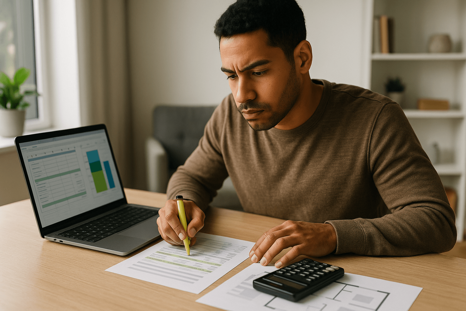 First-time investor conducting investment property analysis spreadsheet review with financial calculator and property documents