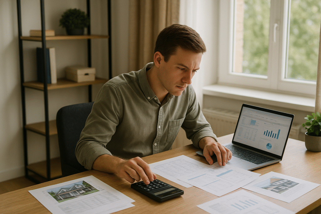 Real estate investor calculating cap rate real estate analysis with financial documents and rental property spreadsheets at home office desk