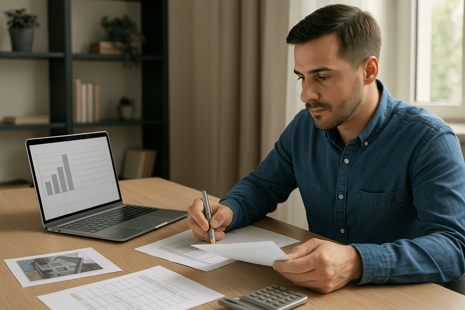 Real estate investor calculating dscr loan meaning review with rental property analysis documents spread across desk showing property income calculations