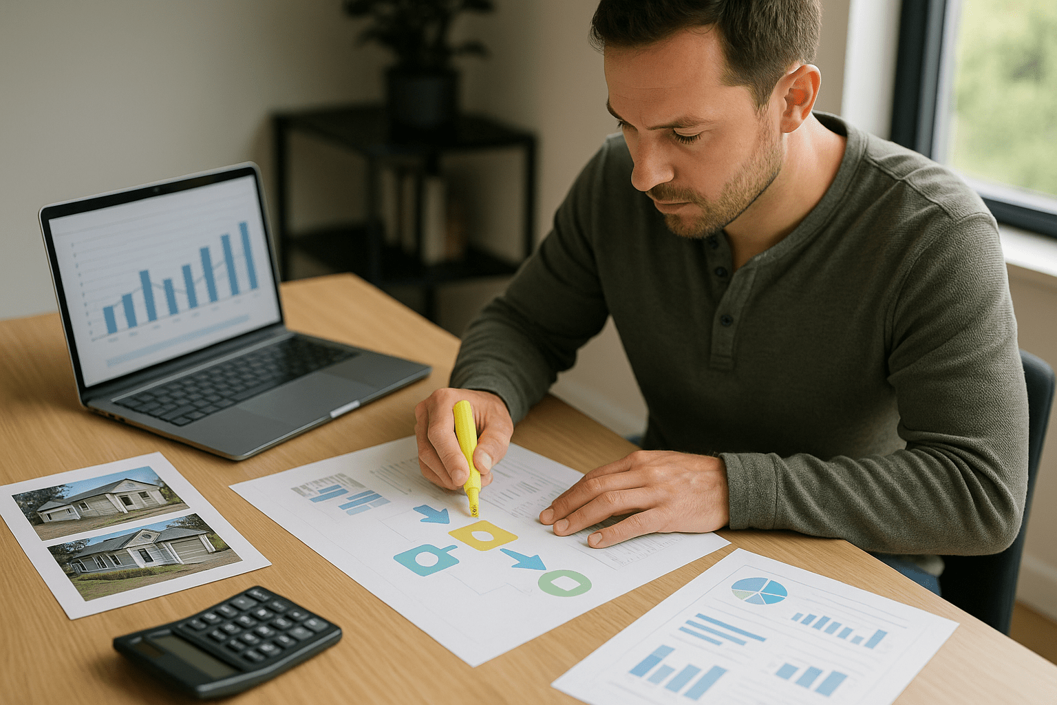 Investor studying BRRRR method strategy planning with property analysis documents showing capital recovery through refinancing cycle
