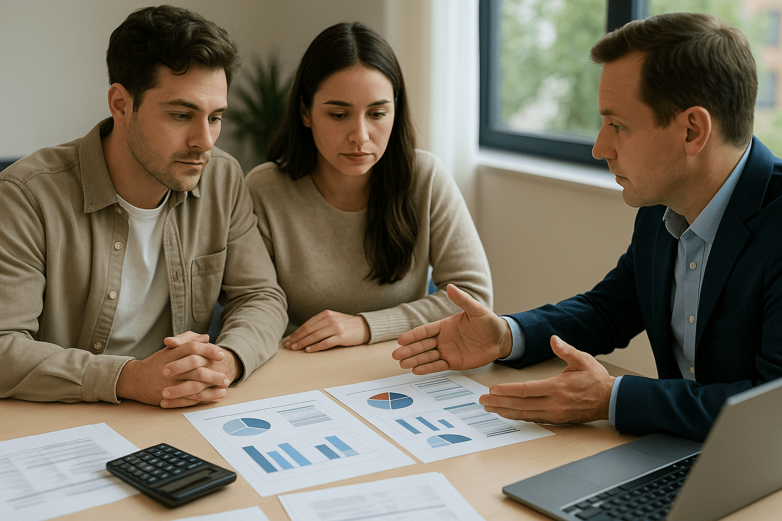 First-time home buyers reviewing FHA vs conventional loan comparison charts with mortgage advisor