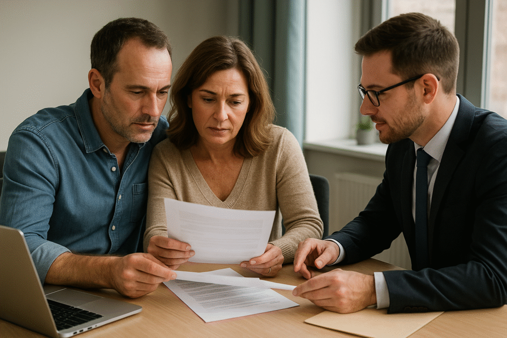 Middle age couple discussign an interest only loan with their mortgage advisor.