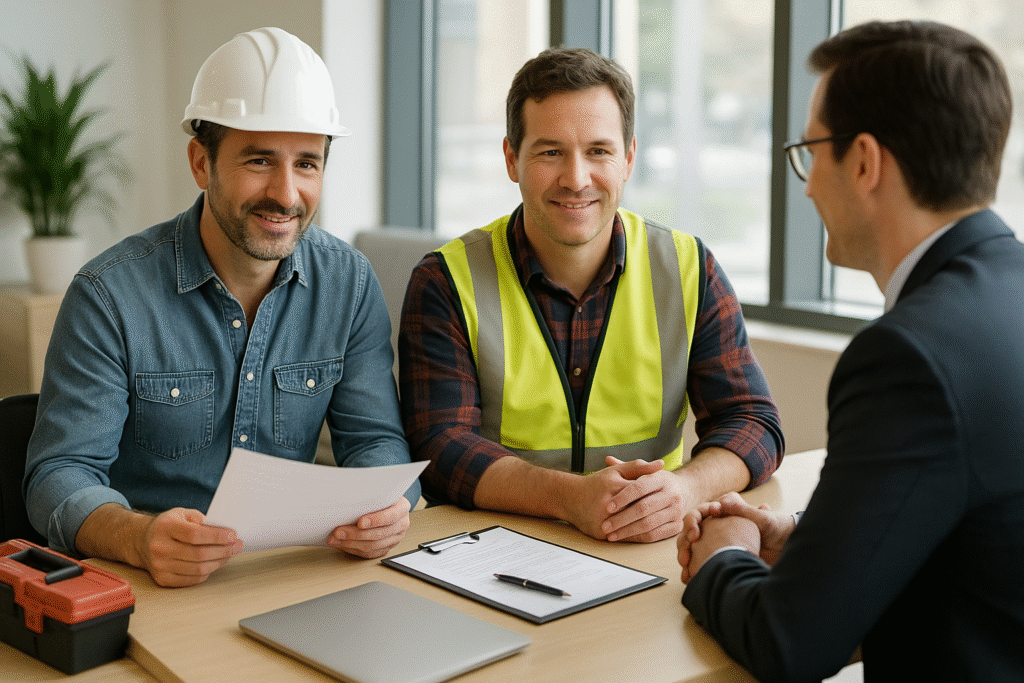 two builders discussing a Commercial Loan with their mortgage advisor