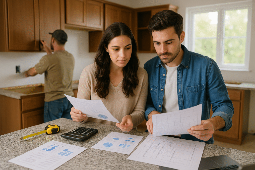 Happy homeowners reviewing home renovation financing plans with contractor during kitchen remodel showing planning and execution process