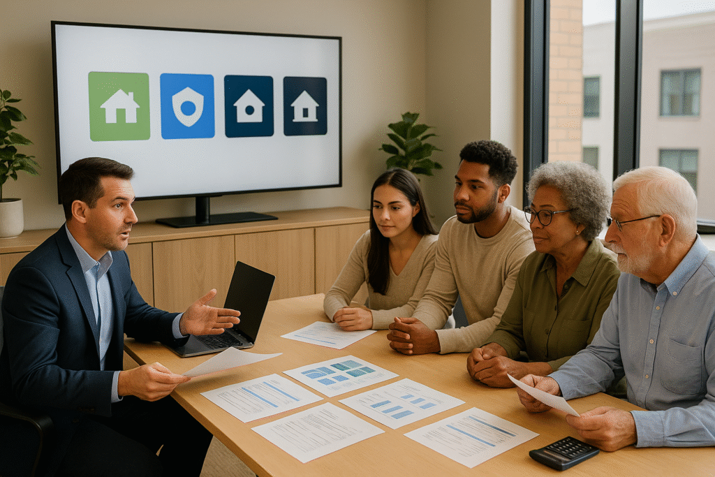 Professional mortgage broker explaining complete range of types of home mortgage loans to diverse family including government-backed and conventional financing options