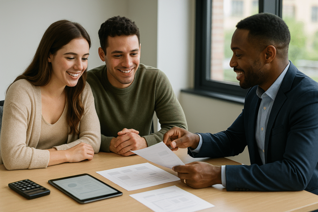 Professional loan advisor reviewing preapproval documents with excited young couple at modern desk with digital tablet