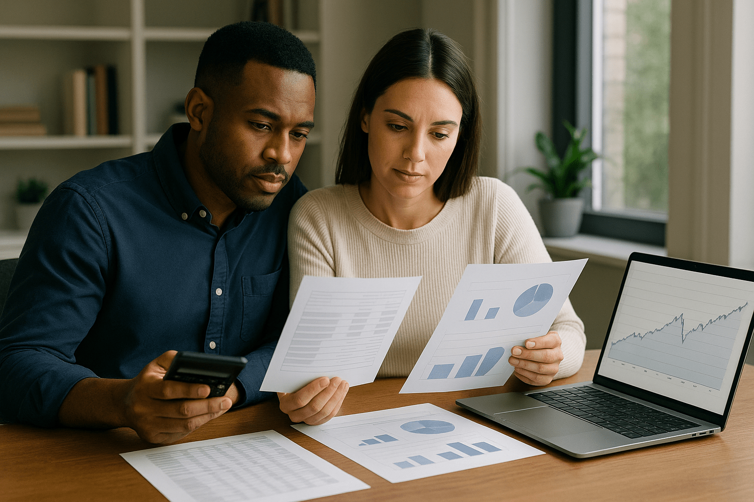 Tax benefits of rental property analysis with investors calculating mortgage interest deduction property tax deduction and depreciation on rental property while reviewing comprehensive financial statements