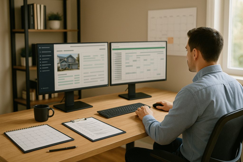 Real estate investor using property management checklist system to track rental property tasks and maintenance scheduling