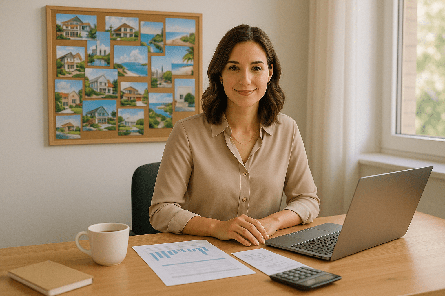 Woman creating vision board examples for real estate wealth building goals with images of dream home, investment properties, and financial freedom targets