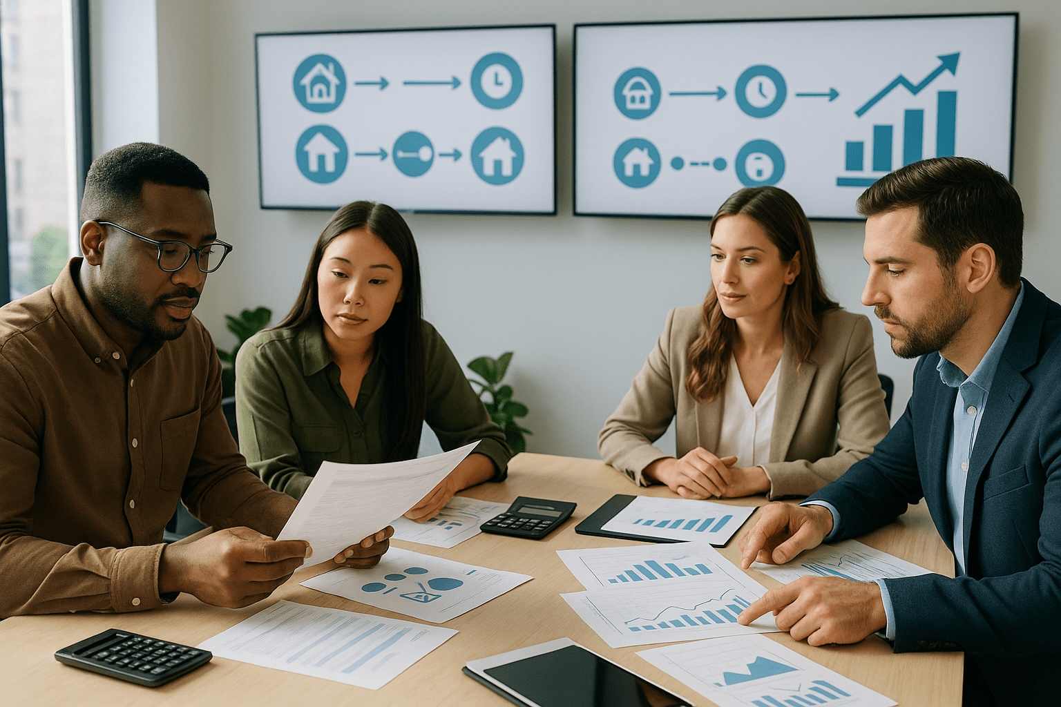 Real estate investment strategies planning session with investors analyzing BRRRR method fix and flip house hacking real estate syndication turnkey rentals rental properties for passive income and commercial property investment opportunities using financial calculators