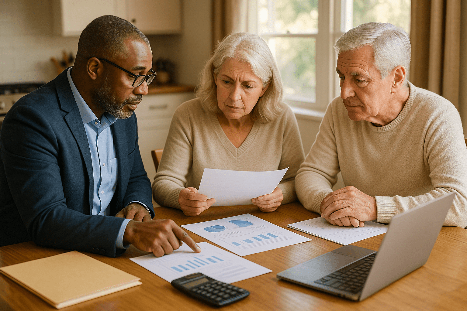 Senior couple carefully reviewing reverse mortgage pros and cons with financial advisor while discussing home equity conversion mortgage options, requirements, and long-term implications