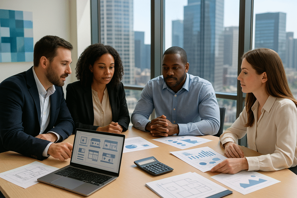Building a real estate team of specialized professionals including agents, mortgage brokers, attorneys and property managers reviewing investment property acquisition documents during strategic planning meeting